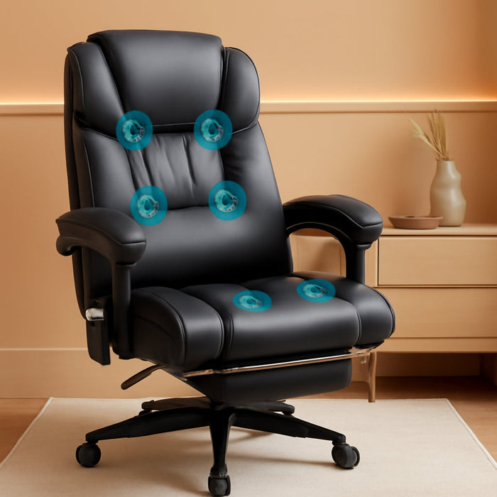 High Back Massage Office Chair with 6 Vibration Points, PU Leather Reclining Computer Chair, Ergonomic Desk Chair with Footrest Adjustable Height and Remote, Black