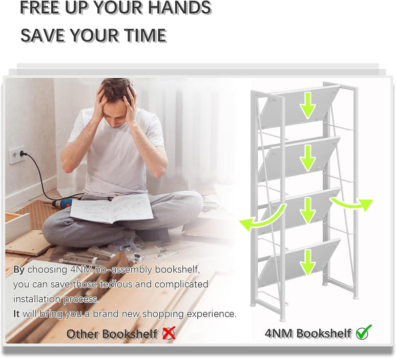No Assembly Folding Bookshelf Storage Shelves 4 Tiers Vintage Bookcase Standing Racks Study Organizer Home Office (All White)