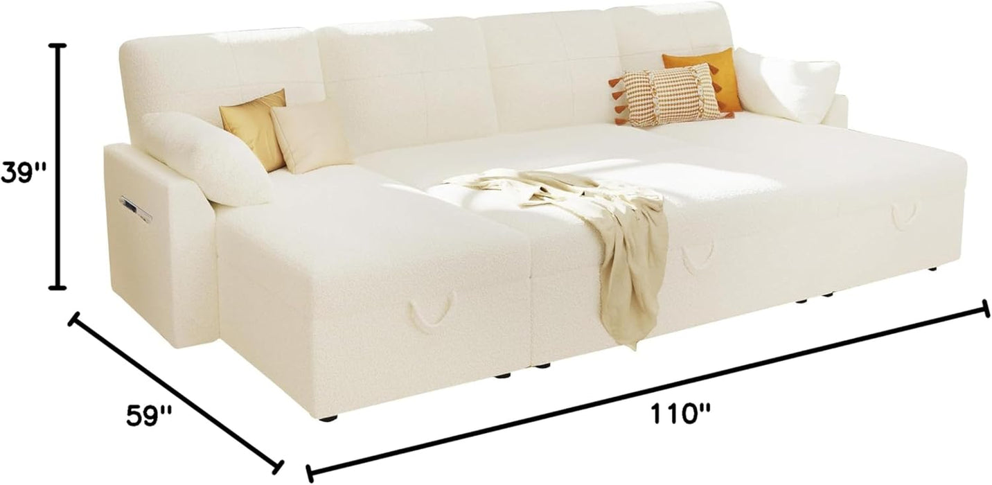 White Sectional Sofa Bed Oversized, 110", Storage