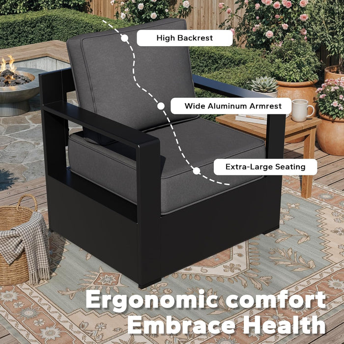 Outdoor Aluminum Furniture Set, 4-Piece Patio Conversation Set, 2 Swivel Chairs, 1 Sofa and 1 Table, All-Weather Metal Frame, 6" Thick Removable Cushions, Deep Setting for Garden, Poolside and Porch