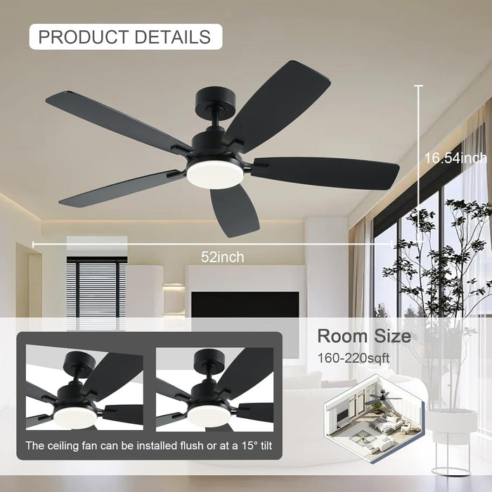52 Inch Ceiling Fans with Lights, Black Ceiling Fan and Remote/App Control, 2 Downrods, DC Reversible, Noiseless, Dimmable, 5 Dual-Sided Blades Modern Ceiling Fan for Indoor/Outdoor Use