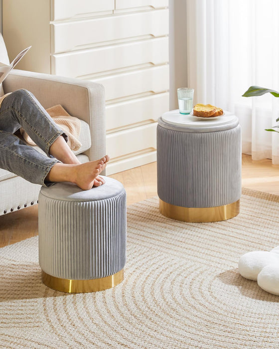 round Storage Ottoman Set of 2 Ottoman for Dorm Vanity Stool with Storage Velvet Footstools End Table Boucle Ottoman for Home Organization Gray UWBD016G