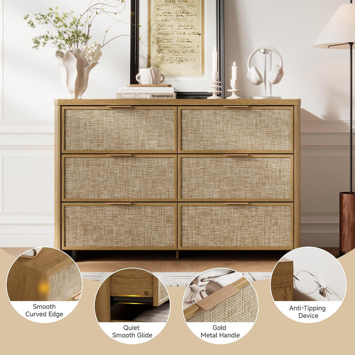Rattan 6 Drawer Dresser for Bedroom, 47.2" Wide Curved Dressers & Chests of Drawers with 6 Deep Drawers, Large Boho Wooden Dresser W/Gold Metal Handles for Bedroom, Natural Oak