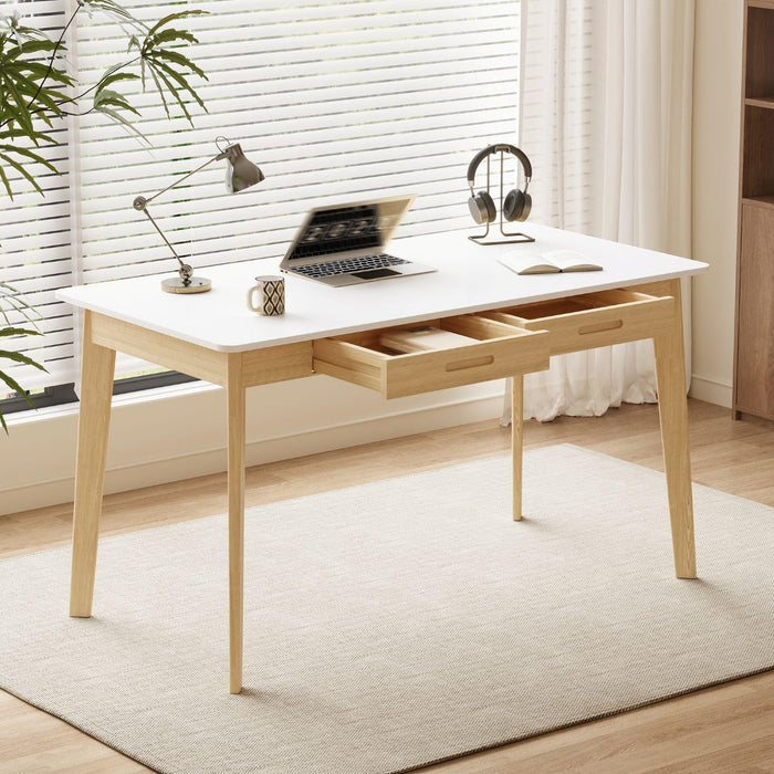 47 Inch Compact Computer Gaming Desk, White Study Work Office Desk with 2 Storage Drawers, Rectangular Study Reading Table, Simple Computer Writing Table for Home Office, Living Room