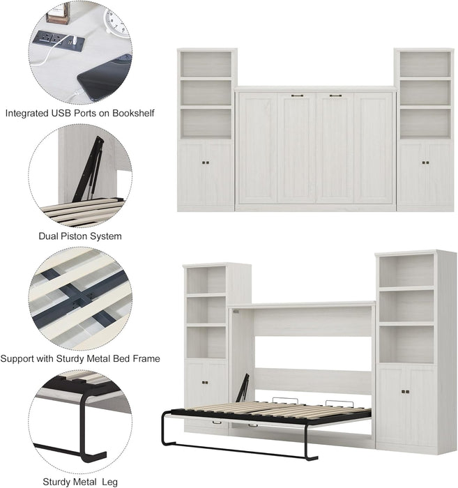 Twin Size Murphy Bed Wall Bed, Folding into a Cabinet, Space Saving Bedroom Furniture for Multipurpose Guest Room, Home Office, Rustic White