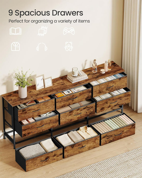BELLAH Collection - Dresser for Bedroom, TV Stand for Tvs up to 70 Inches, Chest of Drawers for Living Room, Closet, Steel, 9 Drawers, Industrial, Rustic Brown and Ink Black ULGS233KD02S