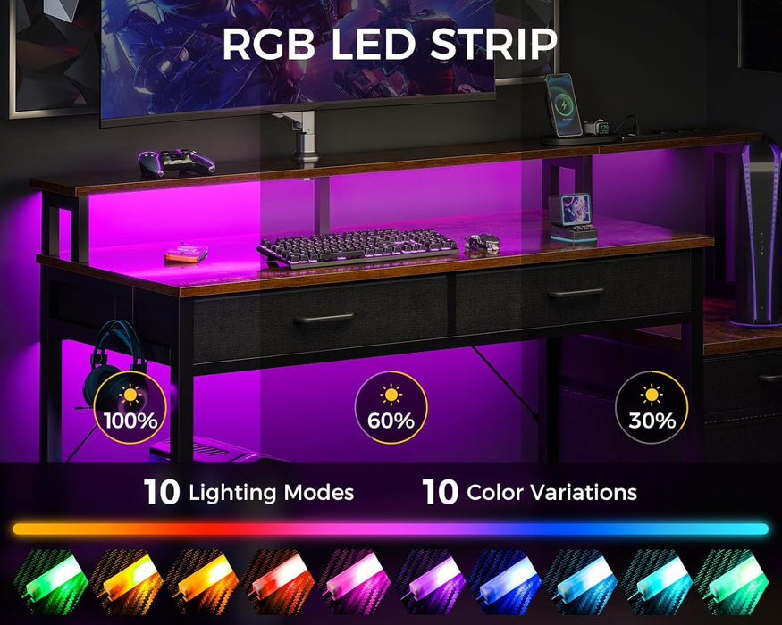 48-Inch Computer Desk with Fabric File Cabinet and Fabric Drawers, Reversible Office Desk with LED Strip and Power Strip, Gaming Desk with Monitor Riser, Writing/Study Table for Home, Vintage