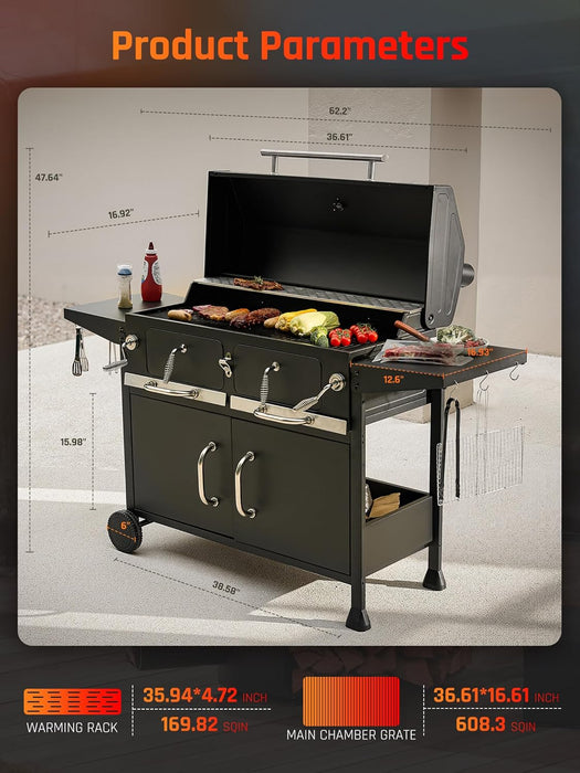 Charcoal Grills BBQ Grill,36 in Large Smoker Grill with Dual-Zone Lifting Trays,Portable Charcoal Grill with Foldable Side Tables,Large Outdoor Grill for Camping,Bbq,Party,Picnic