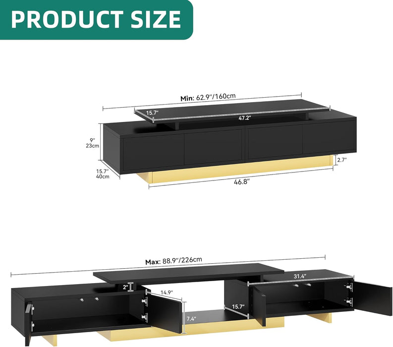 Extendable Entertainment Center 63 to 89 Inches, Modern TV Stand with 2 Door Cabinets and Open Shelf, Adjustable Length TV Console for Living Room, Black