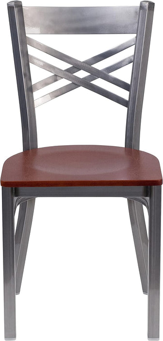 2 Pk. HERCULES Series Clear Coated ''X'' Back Metal Restaurant Chair - Cherry Wood Seat