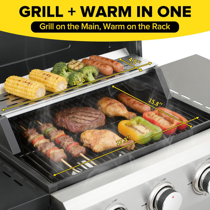 3 Burner Propane Gas Grill, 30,000 BTU Stainless Steel Outdoor BBQ Grill with 322 Sq. In. Cooking Area & 2 Foldable Side Shelves, Patio Cookout Essentials for Backyard
