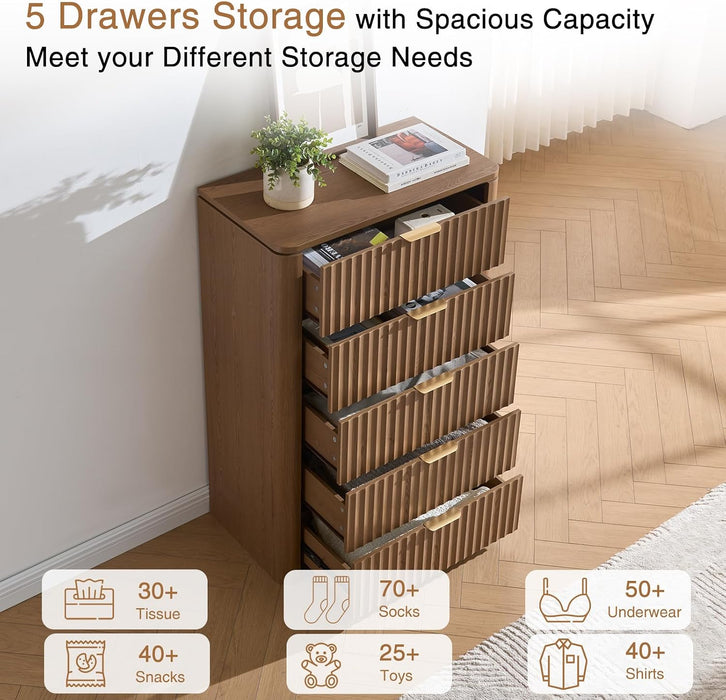 Fluted 5 Drawers Dresser for Bedroom, 45.3" Tall Modern Chest of Drawers with Metal Handle, Natural Wooden Dresser TV Stand Boho Deep Drawer Dresserfor Bedroom Living Room-Brown