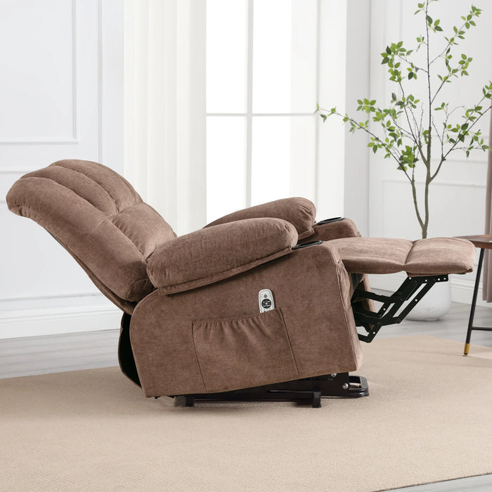 Power Lift Recliner Chair for Elderly, Electric Recliners with Heat and Massage, USB Charge Port, Cup Holders, Infinite Position and Side Pockets, Fabric Single Sofa for Living Room, Brown