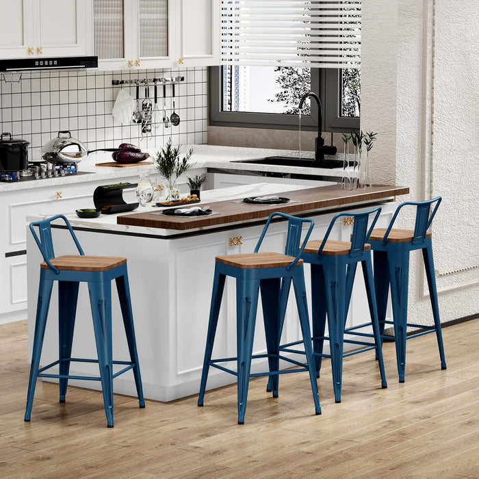24" Metal Bar Stools Set of 4 Counter Height Barstools, Industrial Counter Stool Kitchen Bar Chairs with Modern Wooden Seat, Distressed Navy
