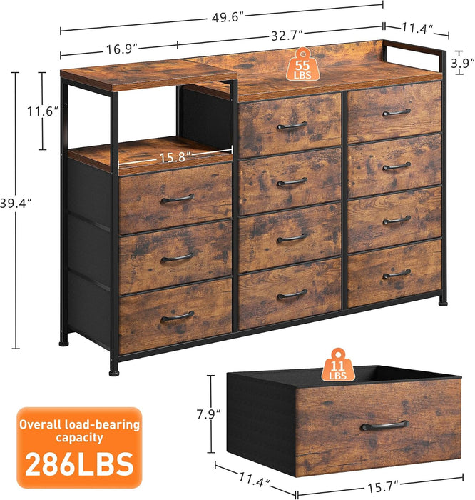Dresser for Bedroom with 11 Drawers, Open Shelf, 49.6" W, Brown