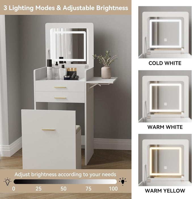 Small Vanity Desk Set with Flip-Top Mirror and Lights White Integrated 3 in 1 Makeup Vanities Set for Compact Space Mini Dressing Table with Fold-Up Panel and Storage Chair for Bedroom