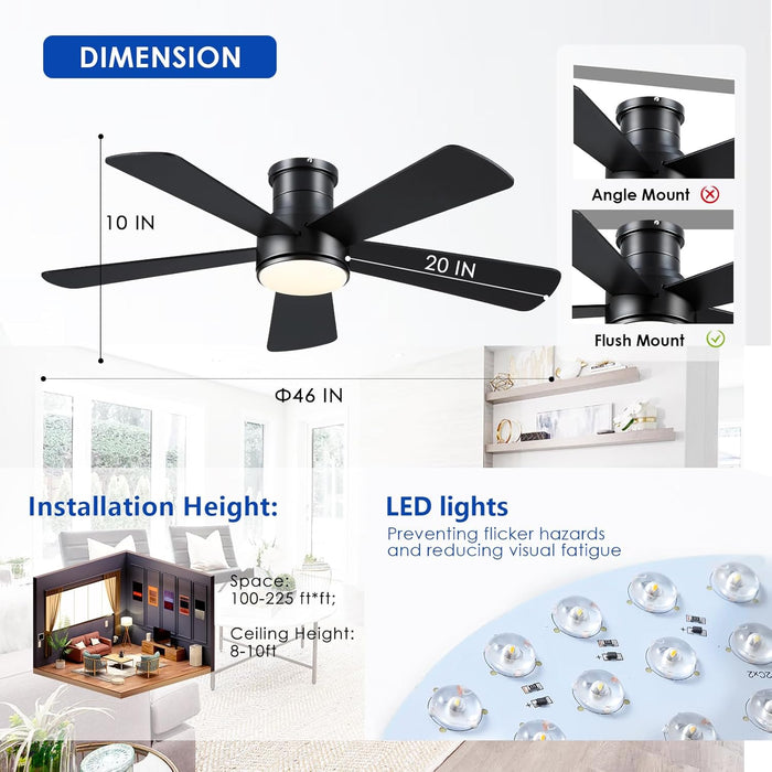 Low Profile Ceiling Fan with Light and Remote Control,46" Modern Flush Mount Black Ceiling Fan, 5 Dual-Sided Blades, Energy Efficient DC Motor, Reversible for Bedroom, Living Room, Indoor/Outdoor Use