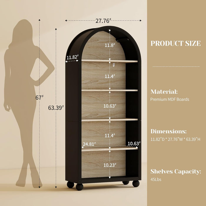 64" Tall Black Arched Bookcase, 5 Tiers Arch Bookshelf with Open Display Shelves, Wood Farmhouse Bookshelf with Storage,College Dorm Room Essential,Modern Book Shelf for Office, Study