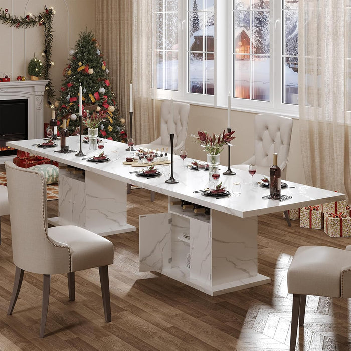 Extendable Dining Table for 4-6, 47-63 Inch Faux Marble Rectangle Kitchen Table with Storage Shelves and Wine Rack, Expandable Modern Rectangular Dinner Table for Kitchen, Dining Room, White