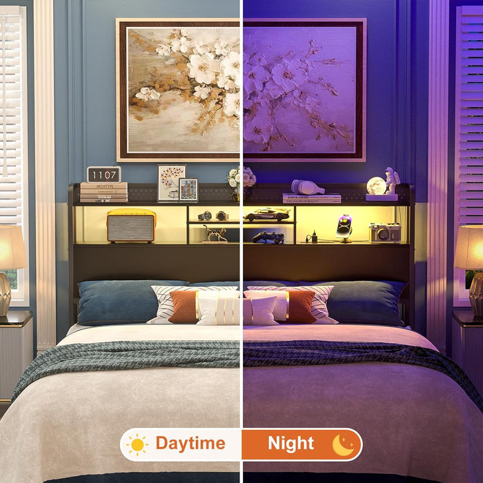 Headboard for Queen Size Bed with Storage Shelf, Head Board with 3 Outlets and 2 USB Ports, Headboards with RGB LED Light, Height Adjustable, Sturdy and Stable, Easy Assembly, Black