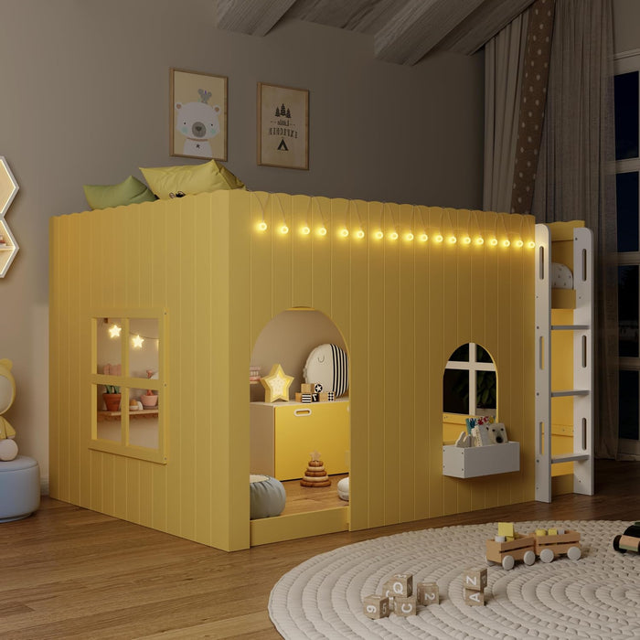 FullSize Wooden Loft Bed WithLEDLightingPlayAreaYellow