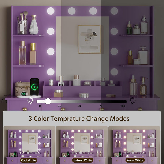 Vanity Desk with Mirror and Lights, Makeup Vanity with Mirror and LED Lights & Power Outlet, 3 Drawers and Cabinets, 3 Lighting Modes Dressing Table Set for Girls Women Bedroom,Purple