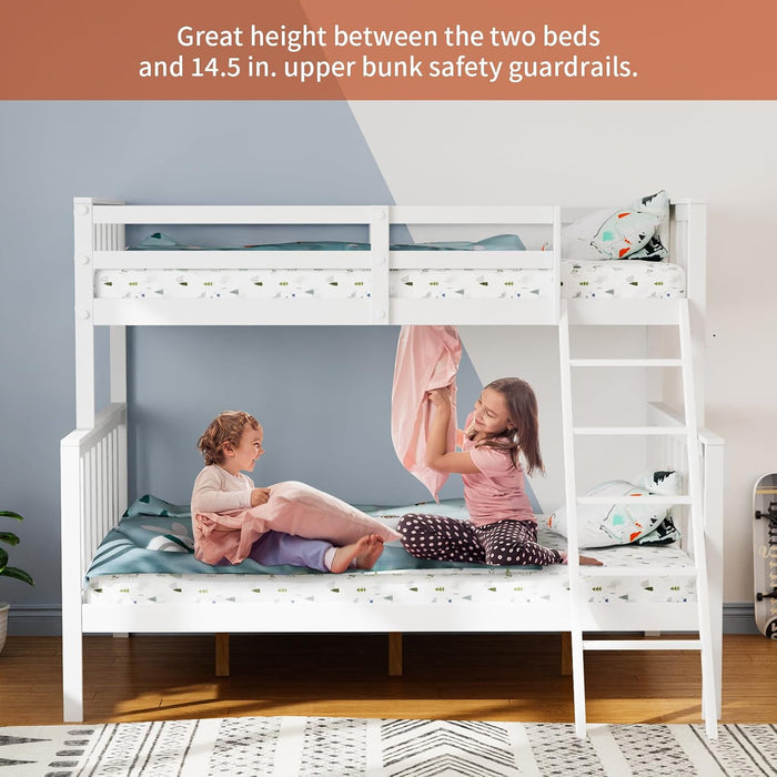 Convertible Twin over Full Bunk Bed for Kids Children Teens Adults, Solid Wood Bunk Bed Frame with Ladder and Guard Rail Space Saving Beds Frames for Bedroom (Mattress Not Included)