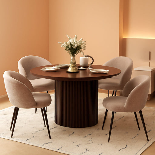 5-Piece Wooden round Dining Room Table and Chair Set, 47-Inch Kitchen Table with Barrel Chairs for 4, Brown Upholstered Sherpa Dining Set, MDF Core with Walnut Finish