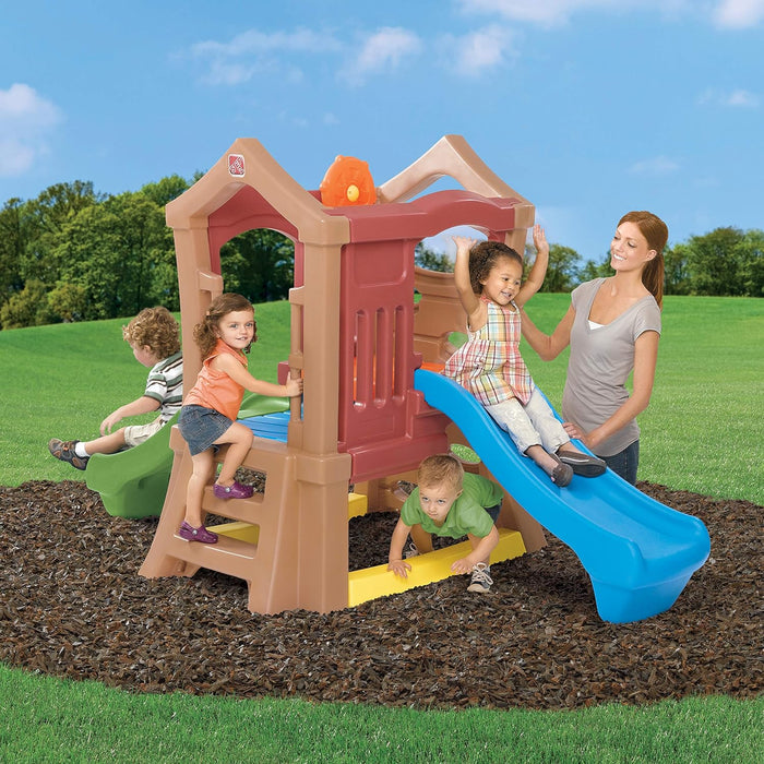 Play up Double Slide Climber, Kids Outdoor Playset, Backyard Playground Set, 2 Slides, Elevated Playhouse, outside Jungle Gym, for Toddlers 2-6 Years Old