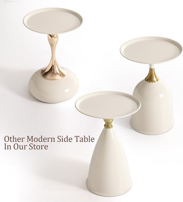 Small round Side Table for Small Spaces, Modern Pedestal End Table Living Room, Cream Metal Drink Tables Martini Table, Unique Circle Accent Tables for Sofa, Bedroom, Office