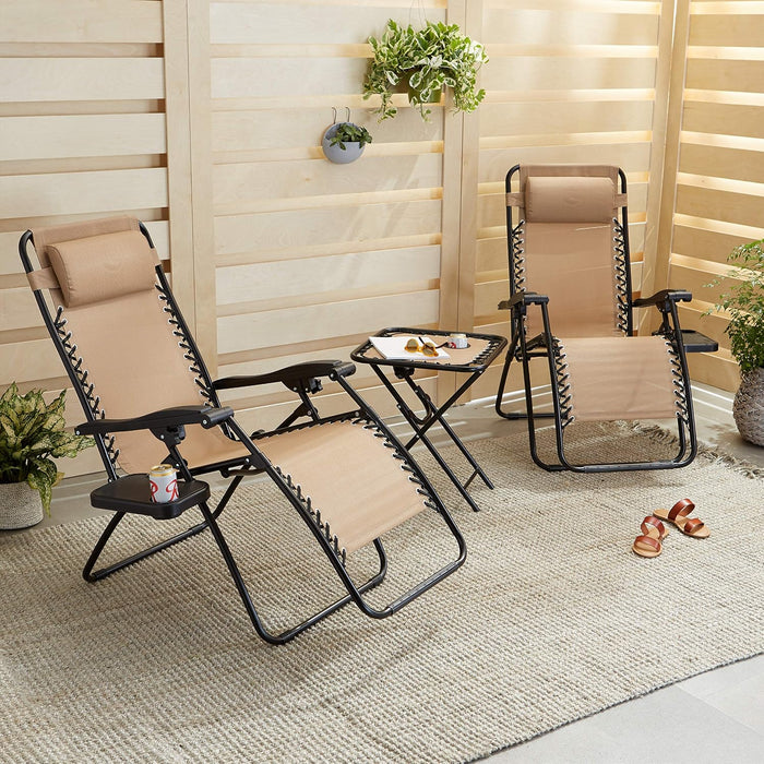 Outdoor Textilene Adjustable Zero Gravity Folding Reclining Lounge Chair Set with Cup Holder, Side Table, Headrest, Weather-Resistant, 35 X 26 X 43 Inches, Beige, 2-Pack