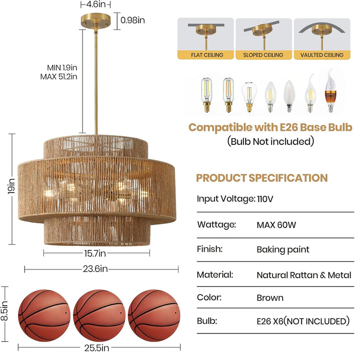 24"Large Boho Rattan Farmhouse Chandeliers for Dining Room,6-Light Hand Woven Pendant Light Fixture, 3-Tier Rustic Wicker Chandeliers for Living Room, Kitchen Island, Entryway,Hallway, Foyer