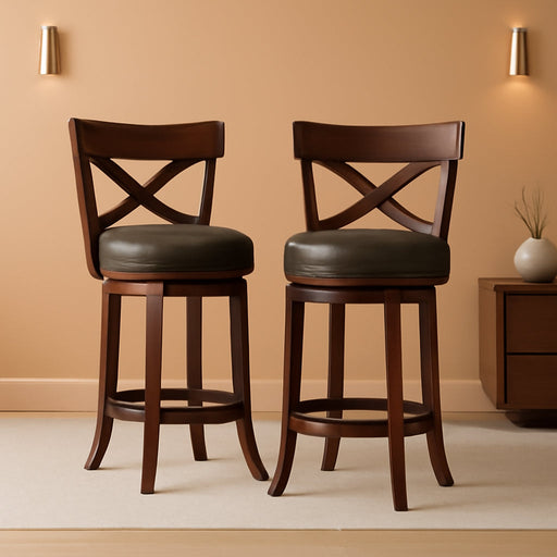26 Inch Swivel Bar Stools Set of 2, Counter Height Stools | Rustic Wooden Barstools with Back & Solid Wood Legs, Faux Leather Bar Chairs for Kitchen Island, Dark Cherry