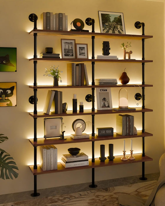 6-Tier LED Ladder Shelf, Wall Mounted Pipe Bookshelf, Walnut Brown 60 Inch