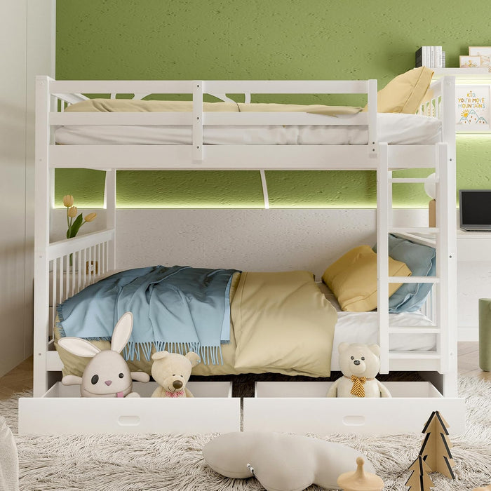 Wood Bunk Bed with Drawers,Convertible Bunk Bed with Ladders and Two Storage Drawers,Solid Wood Detachable Bed Frame with Ladders,Full over Full,White