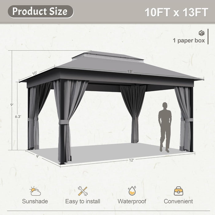 Outdoor 10'X 13' Gazebo,Large Soft Top Deck Gazebo with Mosquito Netting, Heavy Duty Metal Frame Canopy with Expansion Bolts and Double Roofs，Party Tent & Shelte for Backyard, Garden (Grey)