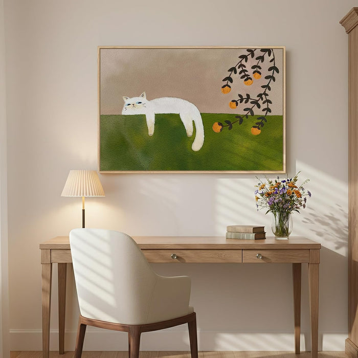 Framed Neutral and Green Wall Art for Bedroom Decor, Large Cozy Cat Canvas Painting Artwork for Room Walls, Green Picture Print for Dining Room Nursery Guest Room Hallway Wall Art Decor, 24X36 Inch