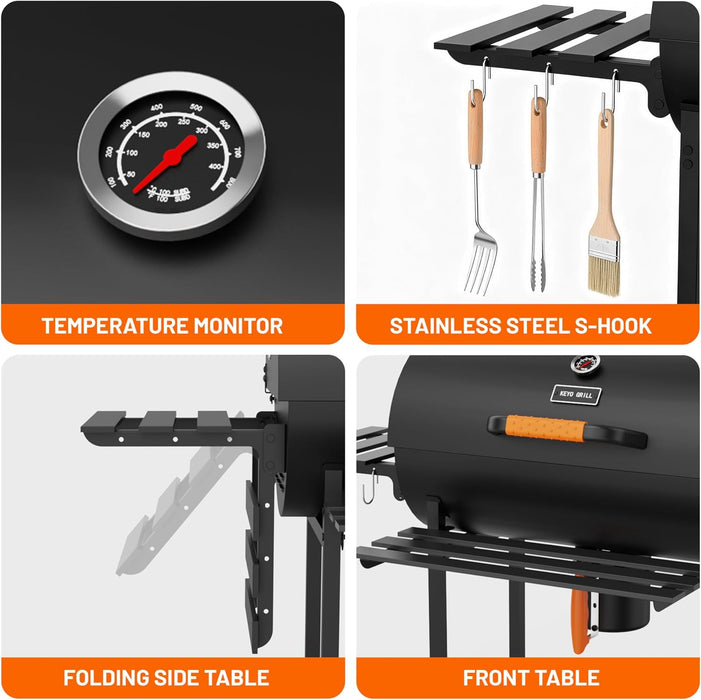 29-Inch Barrel Charcoal Grill, Heavy Duty BBQ Grill with Manual Rotisserie Meat Fork, Detachable Windproof Ash Collector Barbecue Smoker Grill Combo for Backyard, Patio and Parties ﻿