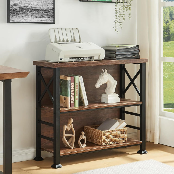 3-Tier Small Bookshelf, 35.4 Inch Short Book Shelf with Sturdy Metal Frame & Wood Shelves, Rustic Brown Industrial Bookcase for Living Room, Bedroom, Office