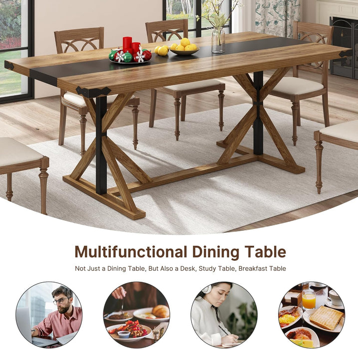 71 Inch Dining Table for 6 People, Rectangular Kitchen Farmhouse Table W/Thickness Waterproof Wood Tabletop,Long Dining Room Tables W/Wood Strip Base for Kitchen Living Room Oak