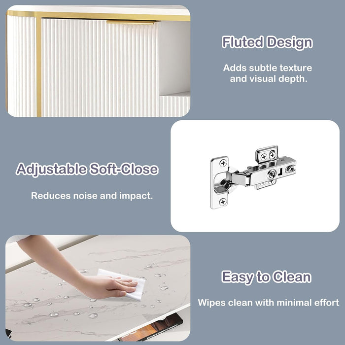 White Fluted TV Stand: 70" Luxury Entertainment Center with Storage for 80 Inch Tvs, Modern TV Consoles for Living Room, Wood Media Console with Faux Marble Top