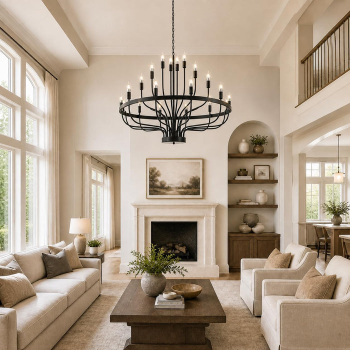 Large Black Chandelier 24-Light, round 39 in Wagon Wheel Light | 3-Tier Farmhouse Candle Pendant with E12 Base for Dining Room, Foyer, Living Room, Hallway, High Ceiling
