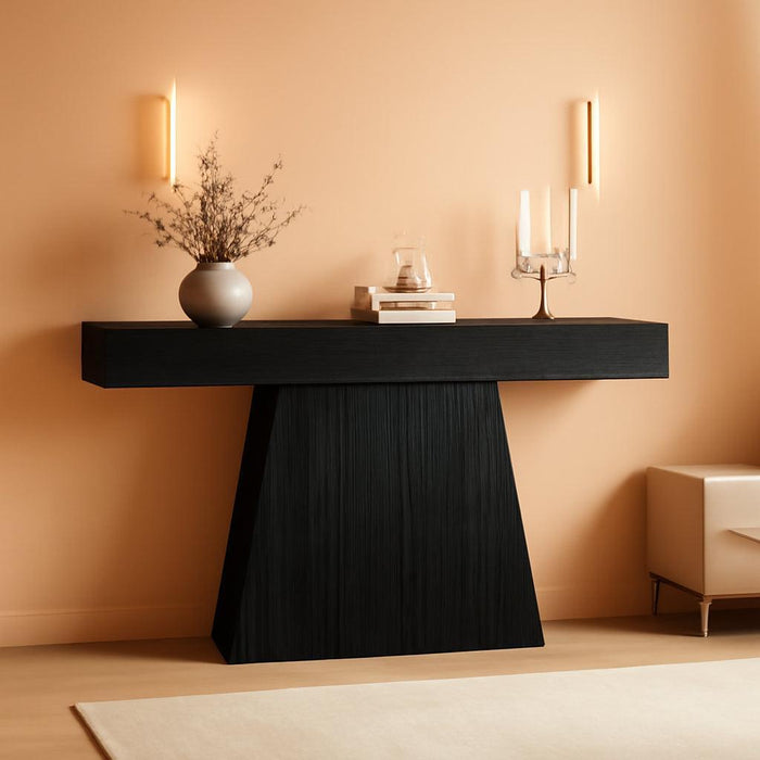 63" Black Console Table, Farmhouse Entryway Table with Trapezoidal Base, Narrow Long Wood Sofa Table behind Couch Table for Entrance, Hallway, Living Room, Black