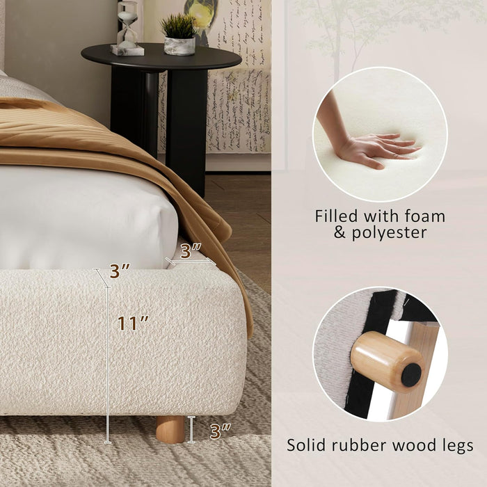 King Size Teddy Fleece Thick Fabric Upholstered Platform Bed with Curved Shaped Headboard, Wood Bed Frame with Solid round Legs for Kids Teens Adults, White