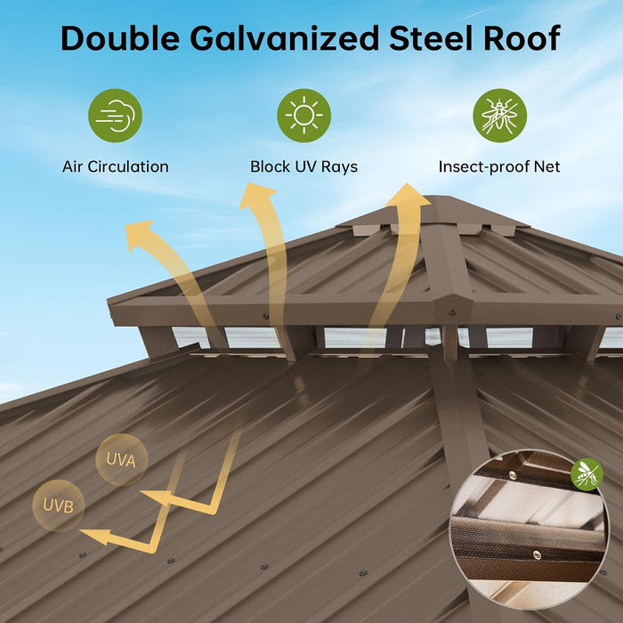 12X12Ft Hardtop Gazebo, Metal Frame with Double Galvanized Steel Roof, Permanent Outdoor Pergola with Curtains and Netting Included for Backyard, Patio, Lawn and Garden, Brown