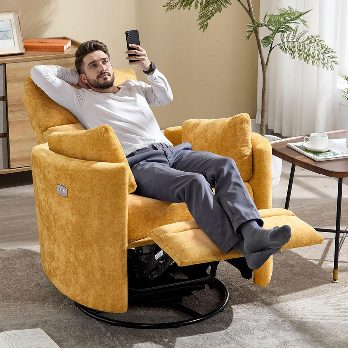 Power Recliner Nursery Swivel Rocking Glider Chair with USB Port,Upholstered Electric Nursing Recliner Rocker Chair for Adults with 2 Pillows for Bedroom Nursery Living Room(Yellow,Power-Driven)