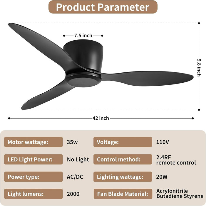 Ceiling Fans No Light with Remote Control Flush Mount 42 Inch Black Low Profile Ceiling Fan without Lights for Bedroom Kitchen Living Room Outdoor Indoor 6 Speed Reversible DC Motor FCC