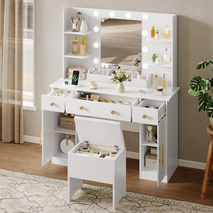 White Vanity Desk With Mirror LEDLightingSystemWithUSBPorts