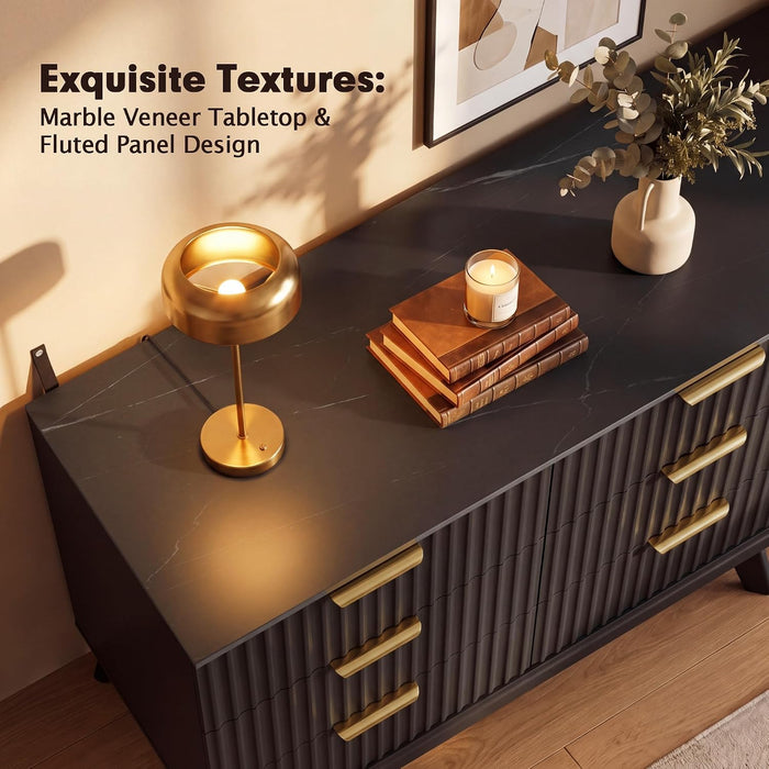Fluted Dresser for Bedroom, 57" Wide Chest of 9 Drawers, Black