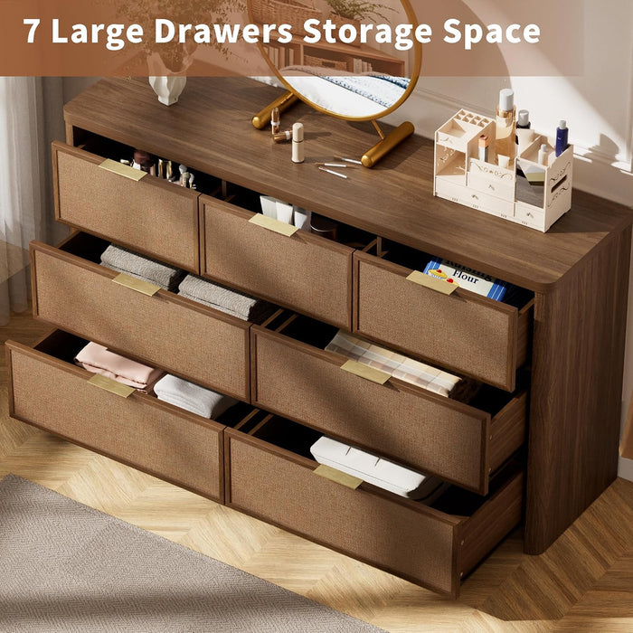 Rattan 7 Drawer Dresser for Bedroom,55" Wide,Walnut,Modern Chest of Drawers with 7 Large Storage Space and Curved Edge Design, 7 Drawer Large Dresser for Bedroom